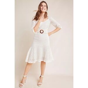 Anthropologie Ivory 3/4 Sleeve Belted Eyelet Linen Midi Dress by Maeve sz 0